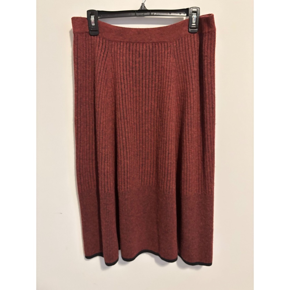 Lewit Wool Cashmere Ribbed Knit Midi Skirt Burgundy Red Black Size large A line